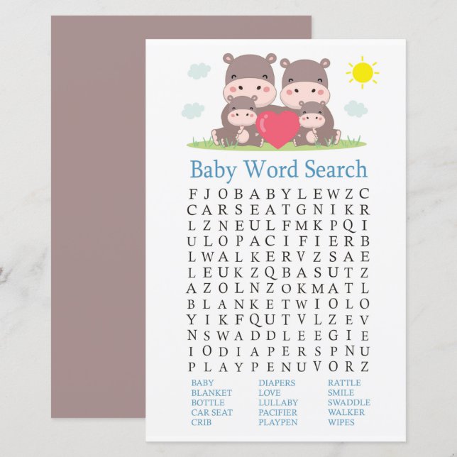 Family hippo Baby Shower Word Search Game (Front/Back)