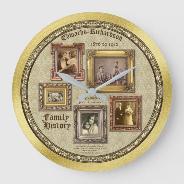Family History Antique Photo Frames Gold Collage Large Clock (Front)