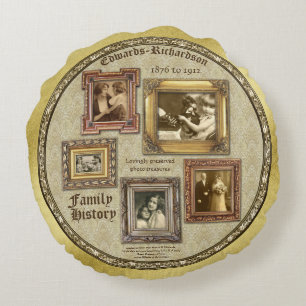 Family History Antique Photo Frames Gold Collage Round Cushion
