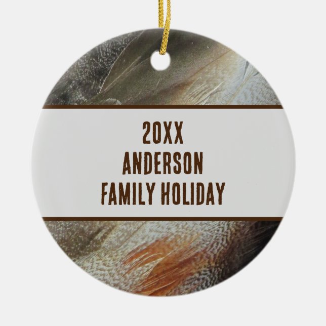 Family Holiday Feather Photo Reunion Keepsake Ceramic Tree Decoration (Front)