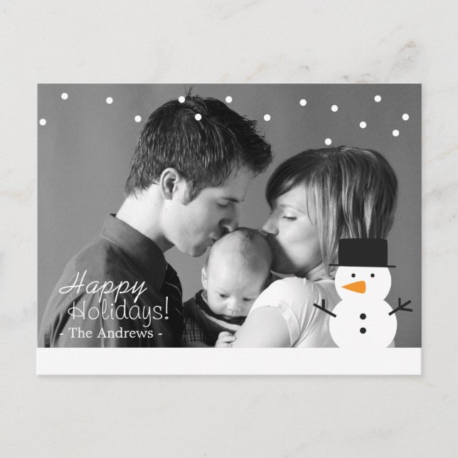 Family Holiday Greeting with Cute Snowman and Snow Postcard (Front)