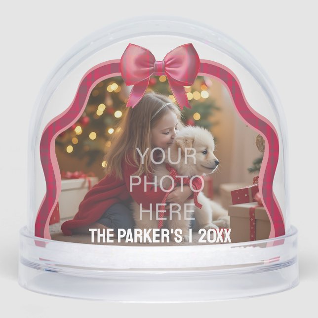 Family Holiday Snow Globe - Red Plaid Bow (Front)