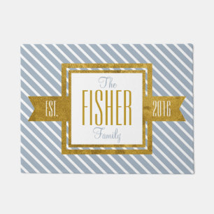 Family Home Established Year Gold and Blue Stripes Doormat