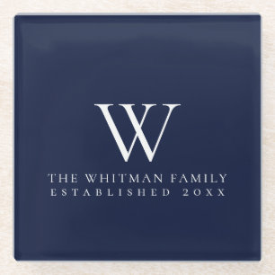 Family Home Monogram Navy Glass Coaster