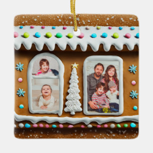 Family in Gingerbread House Christmas Photo Ceramic Ornament