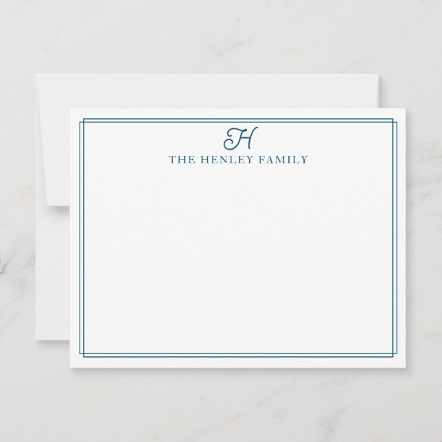 Family Initial Blue Border Monogram Stationery Card (Front)