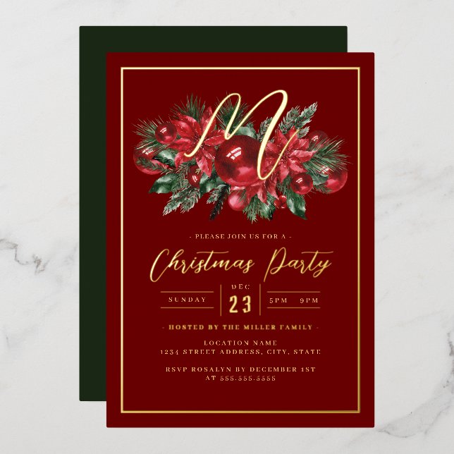 Family Initial Gold Red Foliage Christmas Party (Front/Back)