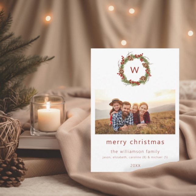 Family Initial Photo Christmas Wreath Holiday Card (Creator Uploaded)
