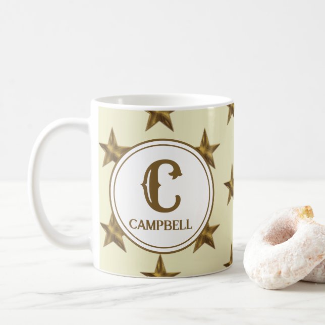Family Initial Western Yellow Gold Star Monogram  Coffee Mug (With Donut)