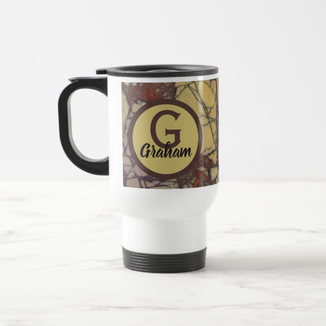Family Initial Yellow Marble Pattern Monogram Travel Mug (Left)