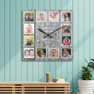 Family Is Everything 12 Photo Collage Gray Wood   Square Wall Clock