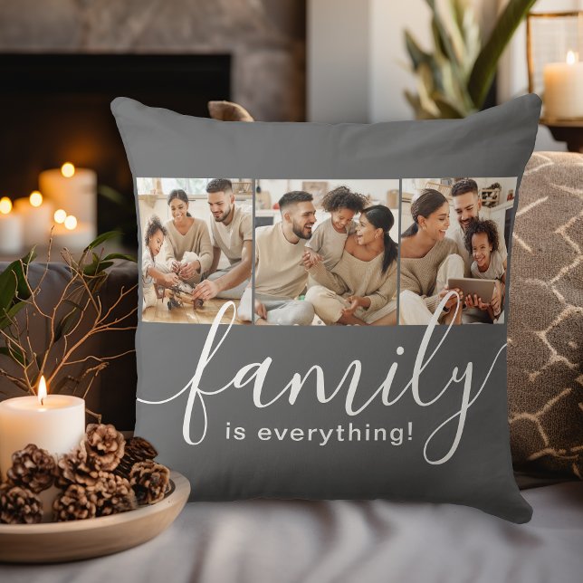 Family is Everything 3 Photo Collage Grey Cushion (Personalize with 3 of your favorite family photos!)