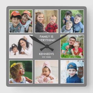 Family Is Everything 8 Photo Collage Name Grey Square Wall Clock
