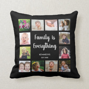 Family Is Everything Quote 12 Photo Collage Black Cushion