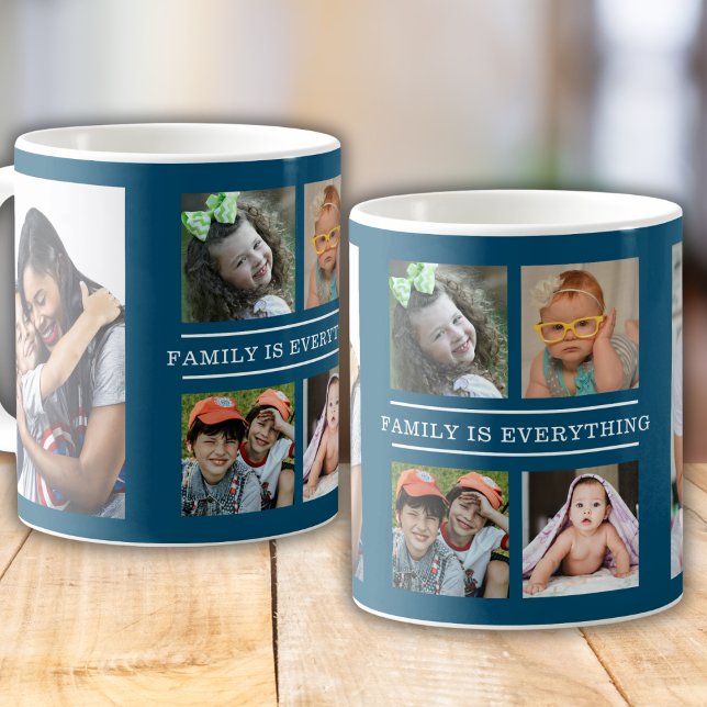 Family Is Everything Quote 6 Photo Collage Blue Coffee Mug (Creator Uploaded)