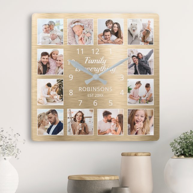 Family Is Everything Quote Family Photo Gold Square Wall Clock (Creator Uploaded)