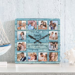 Family Is Everything Quote Photo Collage Blue Square Wall Clock<br><div class="desc">Easily create your own personalised blue rustic driftwood planks lake house style wall clock with your custom photos. The design also features a beautiful handwritten script quote: "Family is everything". For best results,  crop the images to square - with the focus point in the centre - before uploading.</div>