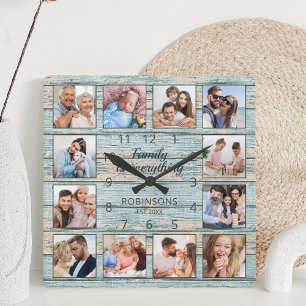 Family Is Everything Quote Photo Collage Blue Square Wall Clock