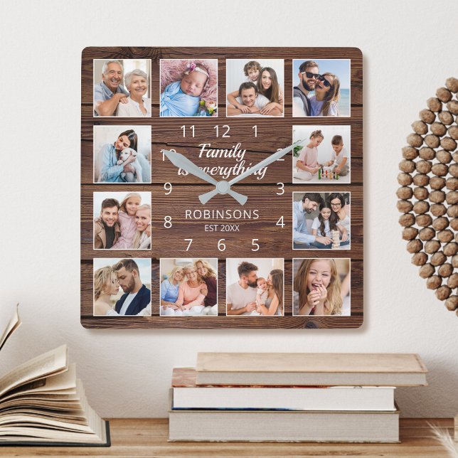 Family Is Everything Quote Photo Collage Rustic Square Wall Clock (Creator Uploaded)