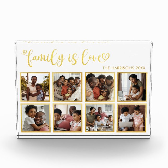 Family is Love Gold Heart Script Photo Collage  Block (Front)