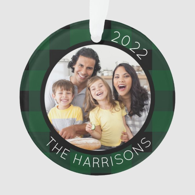 FAMILY IS LOVE (on back) Green/Black Plaid 2-Photo Ornament (Front)