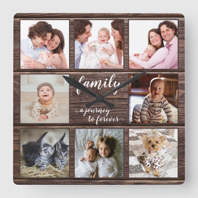 Family Journey to Forever Photo Collage Rustic Square Wall Clock (Front)