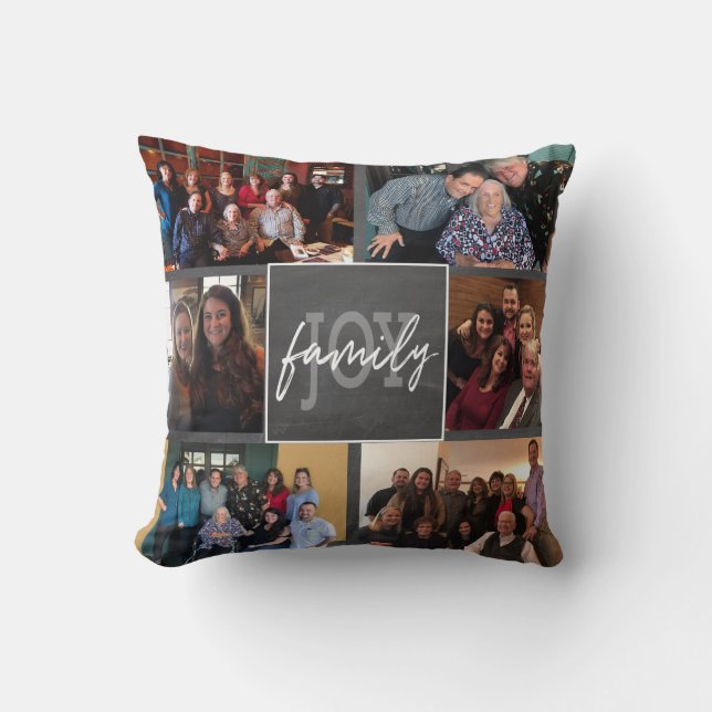 Family Joy 6 Photo Handlettered Chalkboard Trendy Cushion (Front)