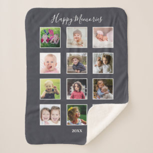 Family Kids Multi 12 Photo Collage Grey Sherpa Blanket