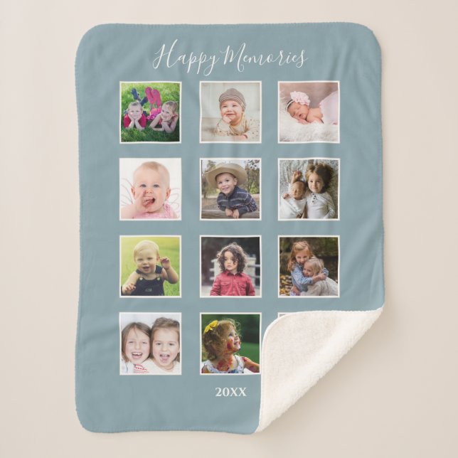 Family Kids Multi 12 Photo Collage Slate Blue Sherpa Blanket (Front)