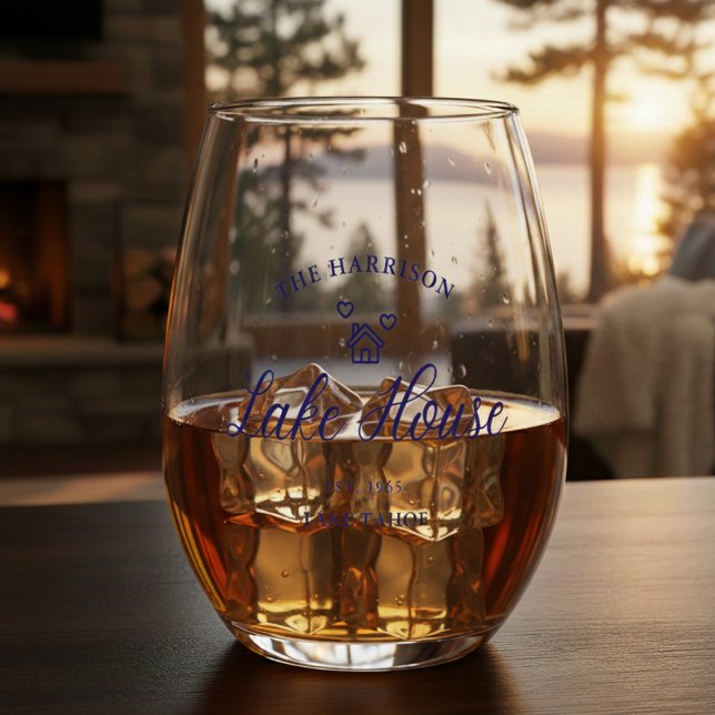 Family Lake House Coastal Custom Decor Stemless Wine Glass (Creator Uploaded)