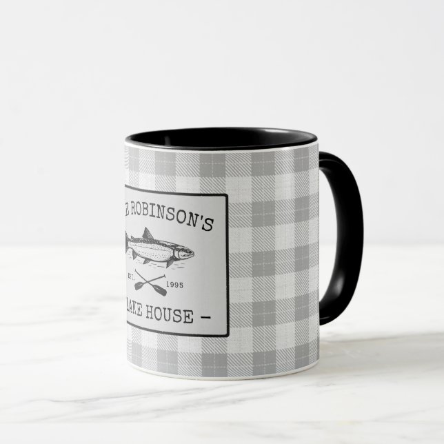 Family Lake House Fish Oars Rustic White Plaid Mug (Front Right)