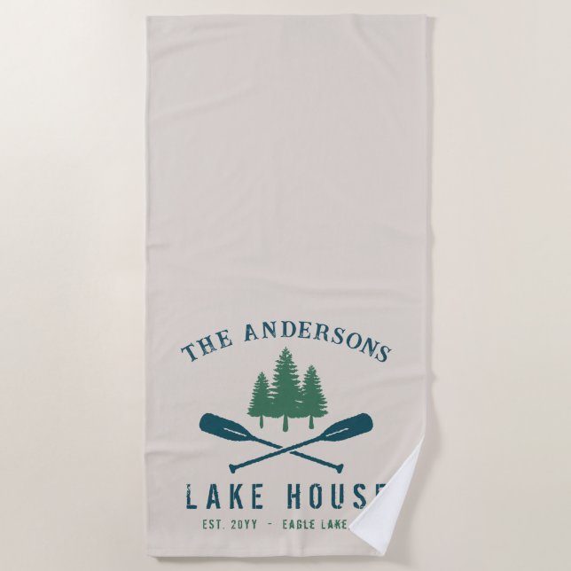 Family Lake House Modern Rustic Boat Oar Pine Tree Beach Towel (Front)