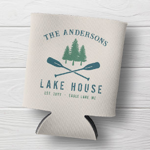 Family Lake House Modern Rustic Boat Oar Pine Tree Can Cooler
