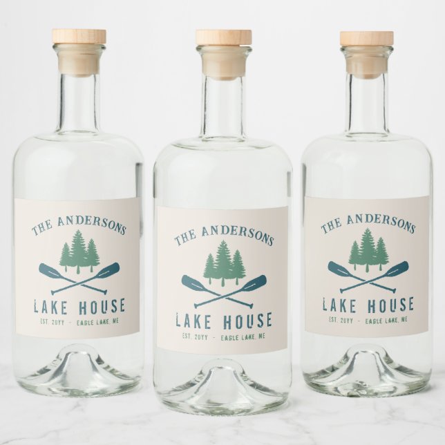 Family Lake House Modern Rustic Boat Oar Pine Tree Liquor Bottle Label (Bottles)