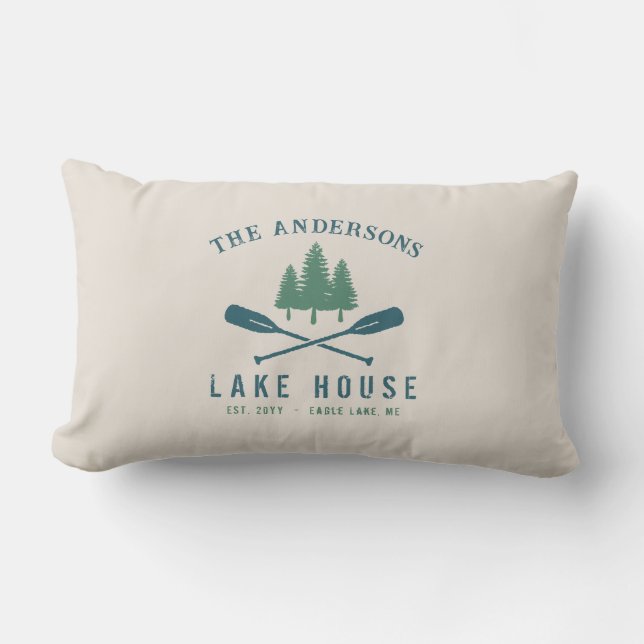 Family Lake House Modern Rustic Boat Oar Pine Tree Lumbar Cushion (Front)