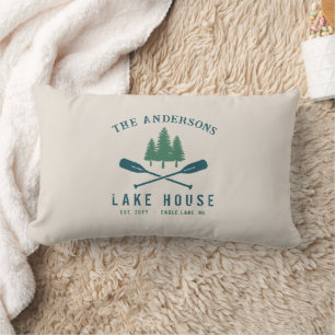Family Lake House Modern Rustic Boat Oar Pine Tree Lumbar Cushion