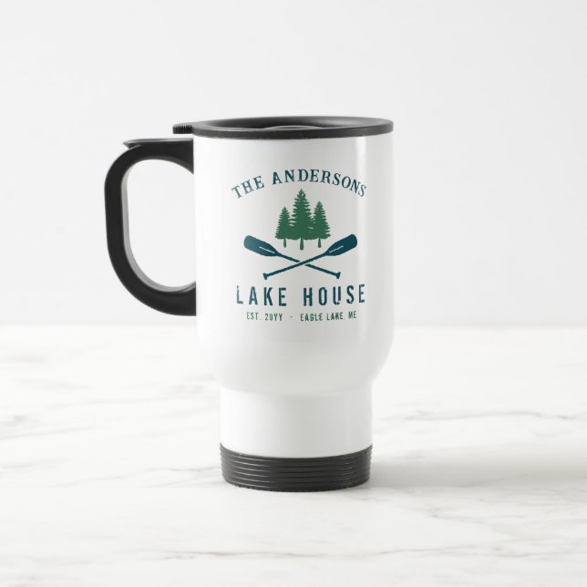 Family Lake House Modern Rustic Boat Oar Pine Tree Travel Mug (Left)