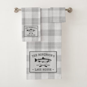 Family Lake House Oars Fish Rustic White Plaid Bath Towel Set
