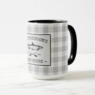 Family Lake House Oars Fish Rustic White Plaid Big Mug