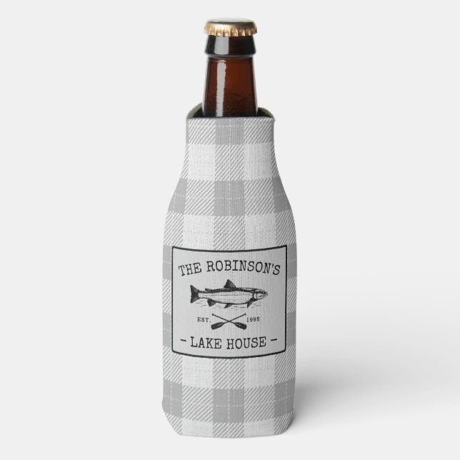 Family Lake House Oars Fish Rustic White Plaid Bottle Cooler (Bottle Front)