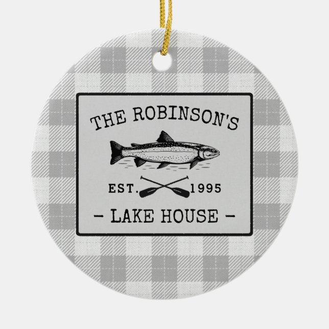 Family Lake House Oars Fish Rustic White Plaid Ceramic Tree Decoration (Front)