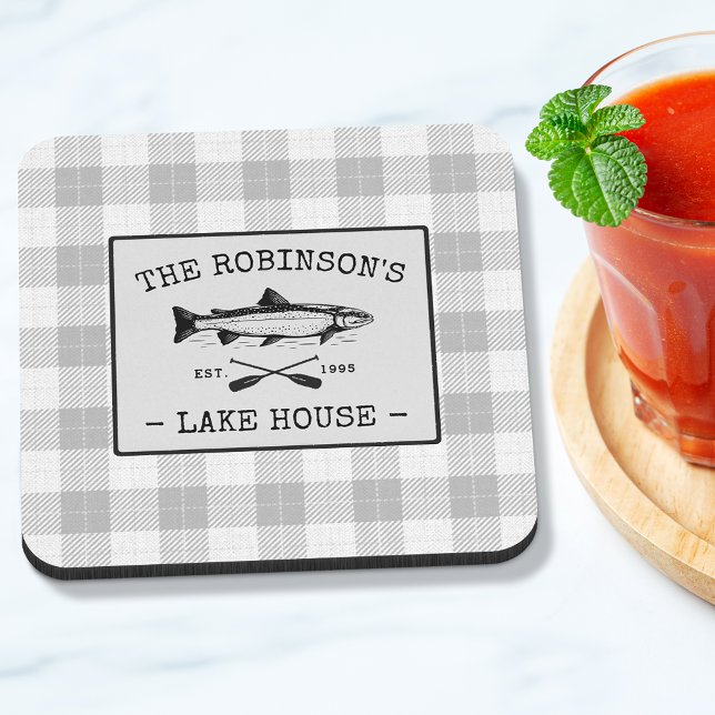 Family Lake House Oars Fish Rustic White Plaid Coaster (Creator Uploaded)