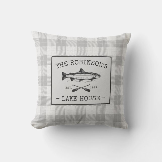 Family Lake House Oars Fish Rustic White Plaid Cushion (Front)