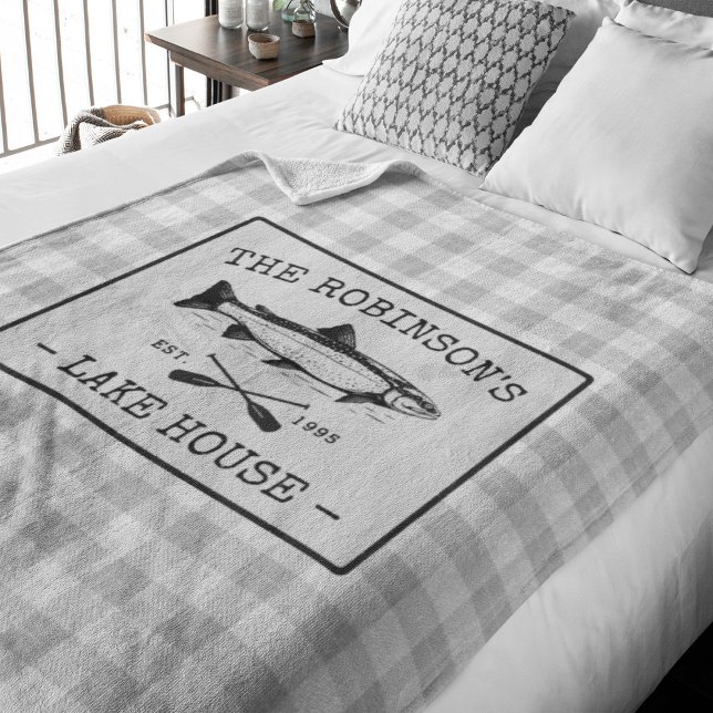 Family Lake House Oars Fish Rustic White Plaid Fleece Blanket (Creator Uploaded)