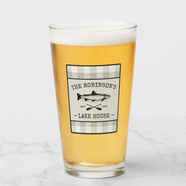 Family Lake House Oars Fish Rustic White Plaid Glass (Front Filled)