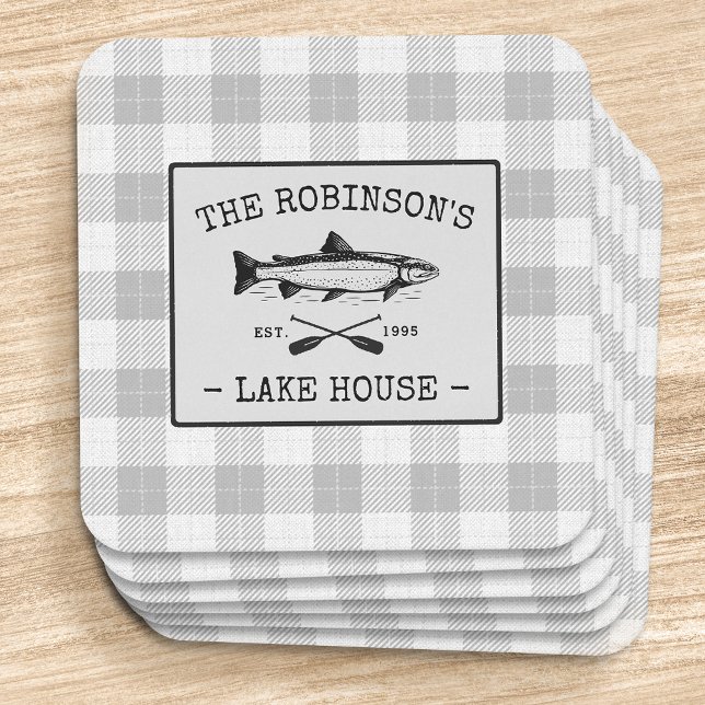 Family Lake House Oars Fish Rustic White Plaid Square Paper Coaster (Creator Uploaded)
