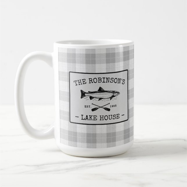 Family Lake House Oars Fish White Plaid Large Coffee Mug (Left)