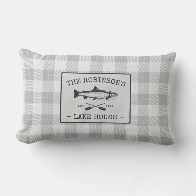 Family Lake House Oars Fish White Plaid Outdoor Lumbar Cushion (Front)