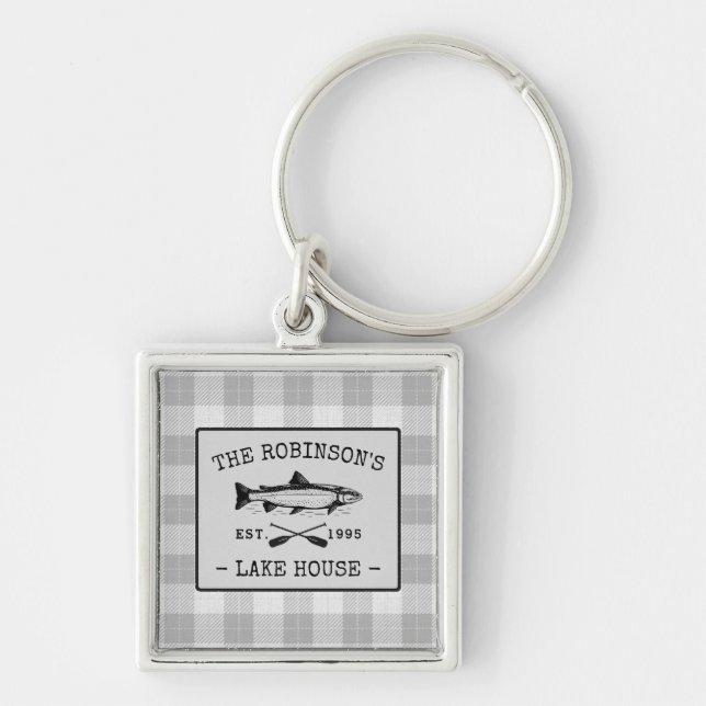 Family Lake House Oars Fish White Plaid Square Key Ring (Front)
