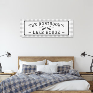 Family Lake House Oars Paddles Rustic White Plaid Canvas Print
